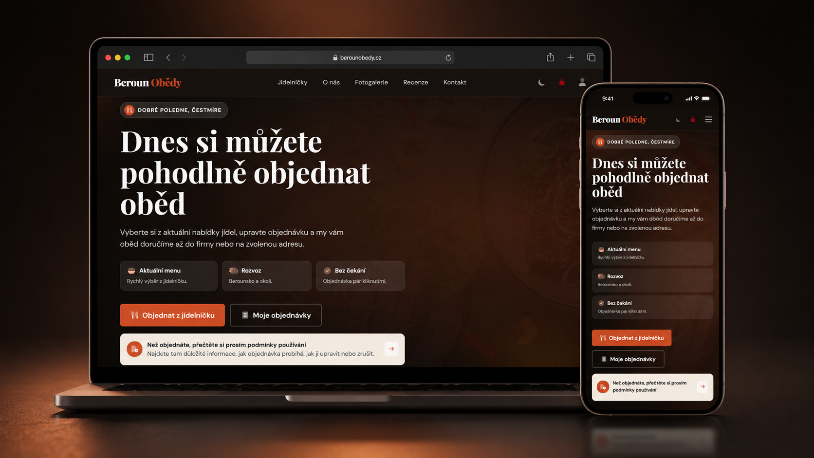 Mockup projektu Beroun Obědy pro desktop a mobil